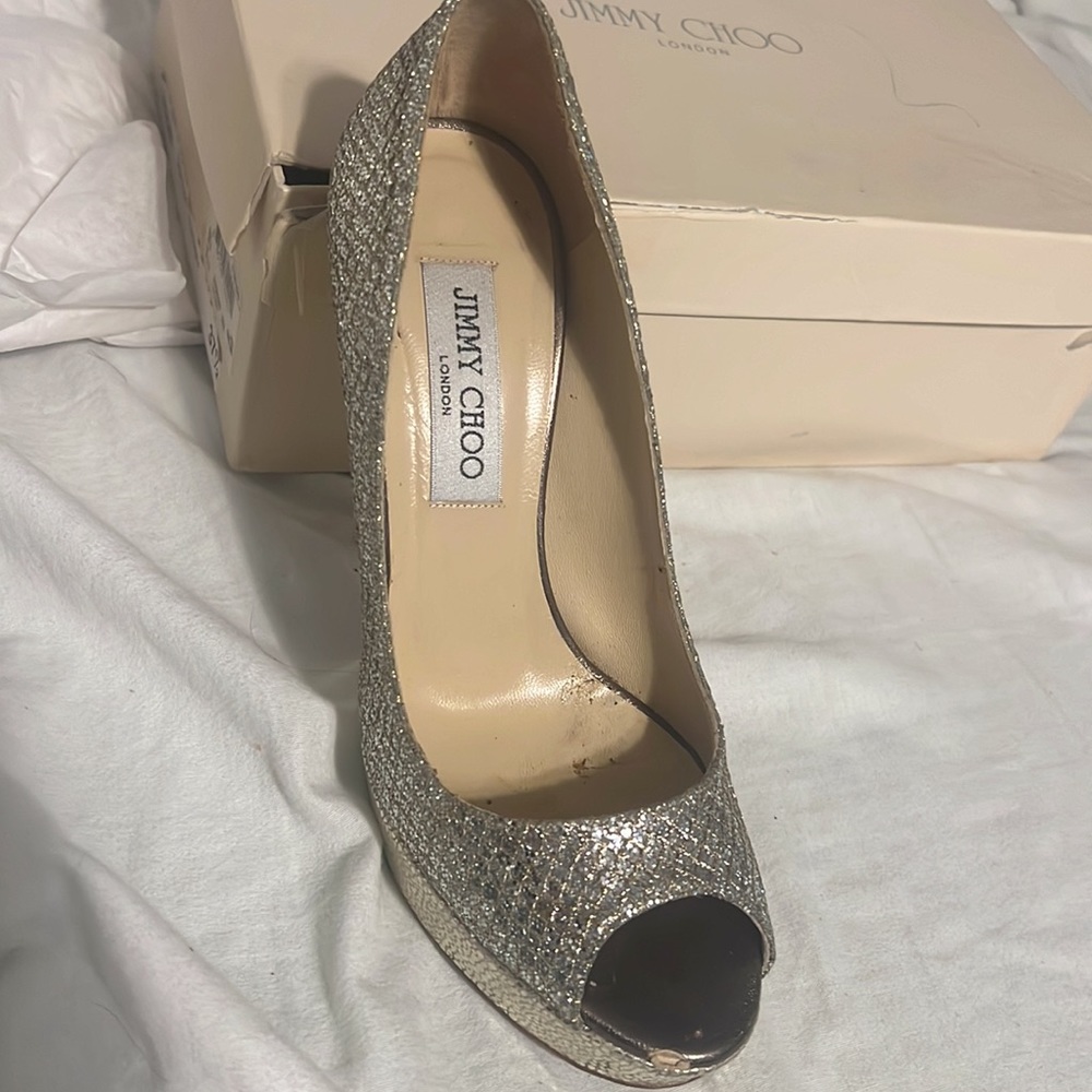 Jimmy choo glitter peep toe heel size 37 1/2 worn twice - Picture 2 of 4